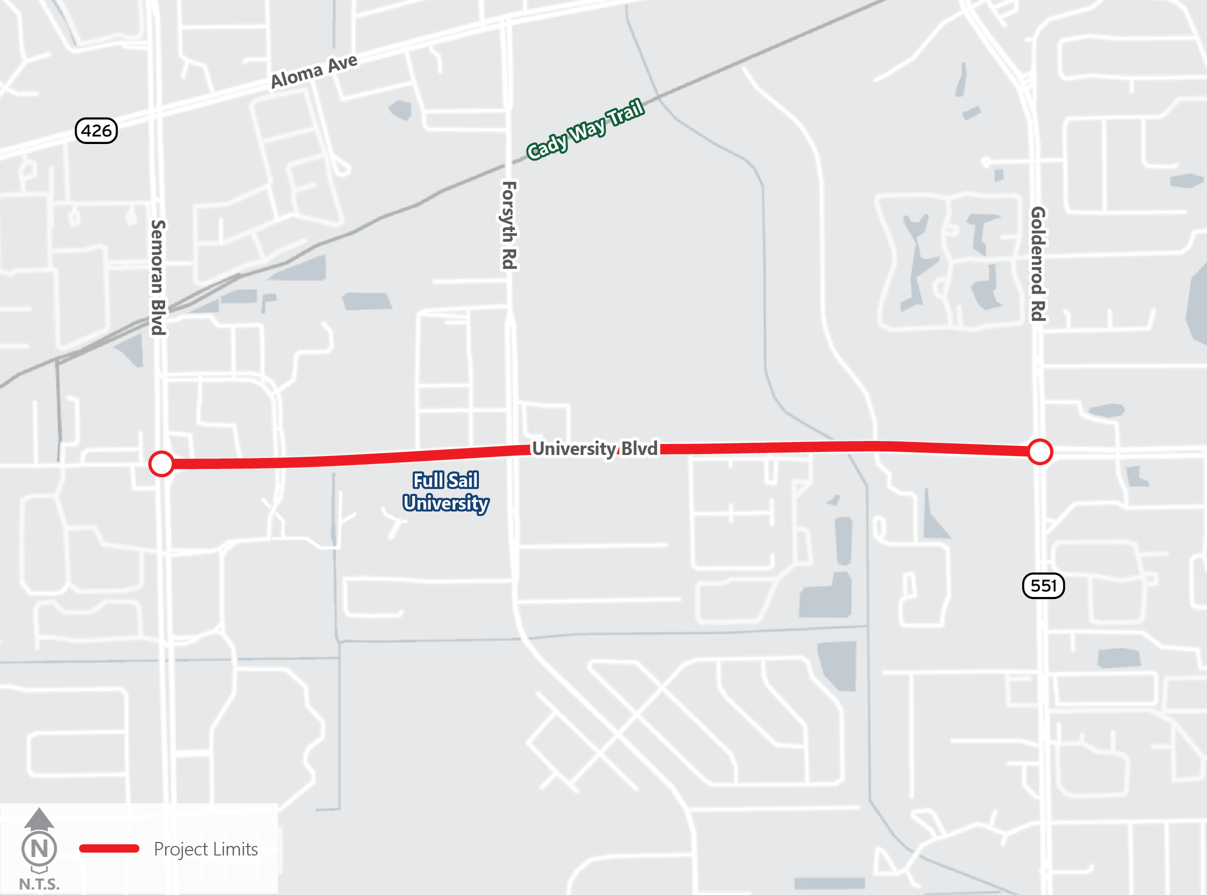 Map showing the project study area along University Boulevard, extending from Semoran Boulevard on the left to Goldenrod Road on the right. Cady Way Trail is positioned to the north, and Full Sail University is labeled to the south of University Boulevard.